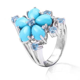 Silver Blue Topaz & Turquoise Flower Ring SZ 7: Silver Blue Topaz&Turquoise Flower Ring SZ 7 • Metal: Sterling Silver • Stone: Swiss Blue Topaz& Sleeping Beauty Turquoise • Width: 23.8 mm • Total Weight: 9.1 grams •