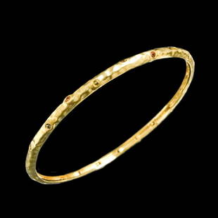 14K Over Silver Multi Stone Hammered Bangle: 14K Over Silver Multi Stone Hammered Bangle • Stone: Multi Gemstone • Length: 8.5 Inch • Width: 3.8 Mm• Total Weight: 12.2 Grams