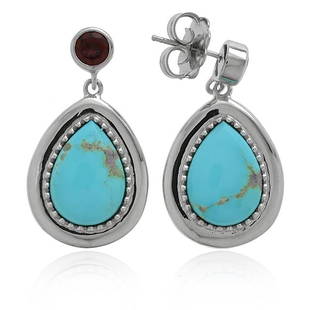 Sterling Silver Turquoise & Garnet Earrings: Sterling Silver Turquoise&Garnet Earrings • Metal: Sterling Silver • Stone: Turquoise&Garnet • Dimensions: 32.4 mm X 17.9 mm • Total Weight: 7.6 grams • Backing: