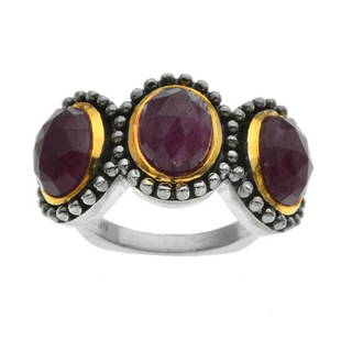 Sterling Silver Madurai Ruby Ring SZ 5: Sterling Silver Madurai Ruby Ring Sz 5 • Metal: Sterling Silver • Stone: 3(9X7)Madurai Ruby • Width: 13.7 Mm • Total Weight : 9.6 Grs • Finish : Rhodium/14K Yellow Gold