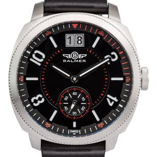 Balmer Swiss Made Stratos Mens Watch: Balmer Swiss Made Stratos Mens Watch - Brown Leather Strap, Silver Case, Black/Red Dial •Multi Layer Large number Dial with Big Date at 12 O'Clock and Sub Dial at 6 O'Clock • 2 Hand