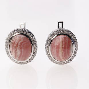 Rhodochrosite & Zircon Sterling Slv Halo Earrings: Rhodochrosite & Zircon Sterling Slv Halo Earrings .Metal: Sterling Silver .Stone: 12X10 Mm Ov Rhdochrosite&White Zircon .Dimension: 16.7X14.8 Mm .Total Weight: 8.38 Grams .Finish: Rhodium .Backing: