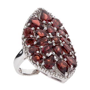 Sterling Silver 5.79ct Garnet Shield Ring-SZ 5: Crafted from 925 sterling silver, this ravishing ring features a shield design encrusted with pear, oval and round cut mozambique garnet gemstones. Beaded detailing adorns the edges while a cut-out