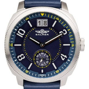 Balmer Swiss Made Stratos Mens Watch: Balmer Swiss Made Stratos Mens Watch - Blue Leather Strap, Silver Case, Blue/Yellow Dial •Multi Layer Large number Dial with Big Date at 12 O'Clock and Sub Dial at 6 O'Clock • 2 Hand