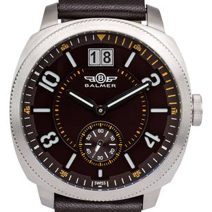 Balmer Swiss Made Stratos Mens Watch: Balmer Swiss Made Stratos Mens Watch - Black Leather Strap, Silver Case, Brown/Orange Dial •Multi Layer Large number Dial with Big Date at 12 O'Clock and Sub Dial at 6 O'Clock • 2 Hand