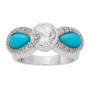 Silver Turquoise & White Topaz Bow Ring-SZ 9: This 925 Sterling Silver ring resonates a charming light-hearted elegance with one sparkling cut White Topaz and two coveted pear shaped Genuine Sleeping Beauty Turquoise cabochons flanking the