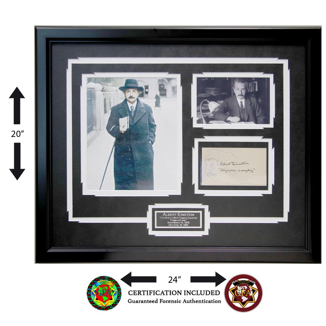 Albert Einstein Signed & Inscribed Card: Albert Einstein (1879-1955), signed Card inscribed Imagination is Everything. Boldly signed in black ink. Ink and paper has aged over time. Albert Einstein's Big Idea E=MC2. It's the world's most famo