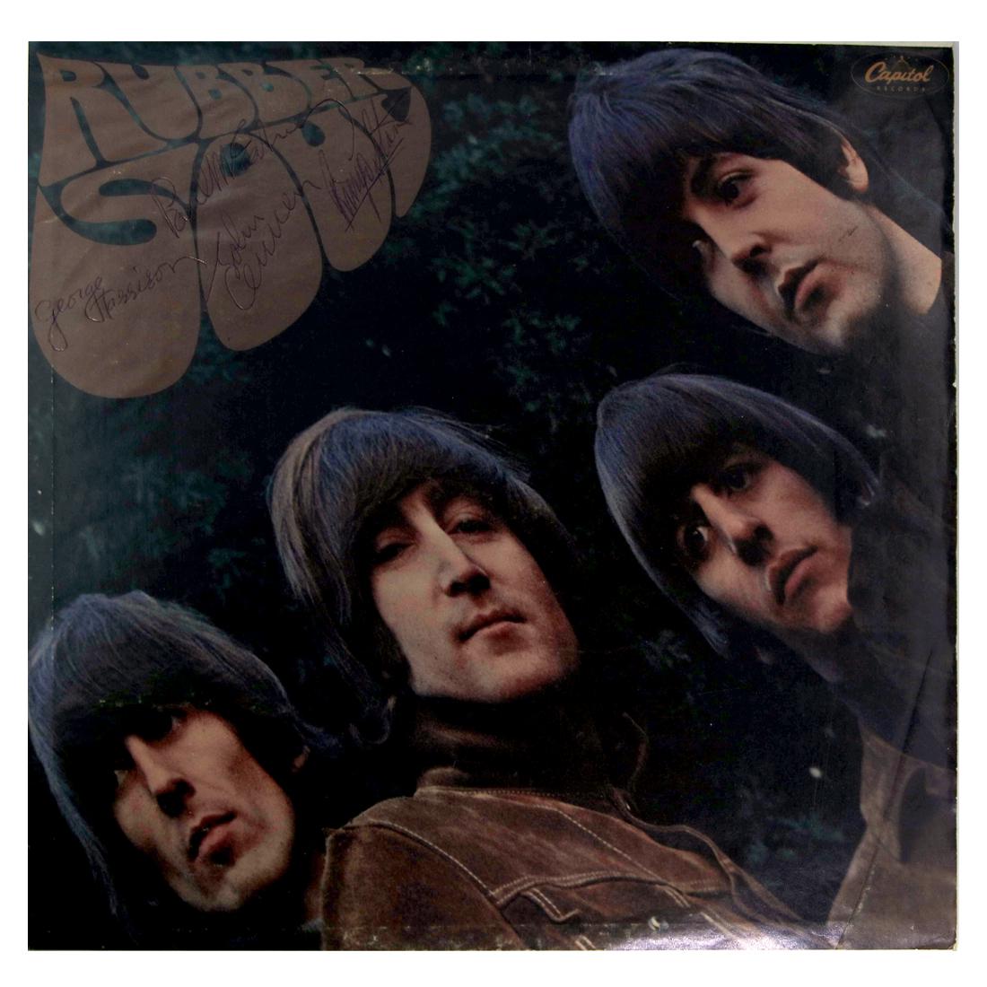 The Beatles Signed Rubber Soul LP Cover Album: The Beatles (1960-1970). The Beatles, George Harrison, Paul McCartney, Ringo Starr and John Lennon signed LP Cover “Rubber Soul”. Four Crisp signatures of the Fab Four across the front of