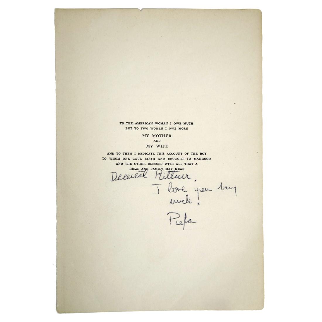 Ernest Hemingway Book Page Signed "Papa": Ernest Hemingway (July 21, 1899–July 2, 1961). Book Page signed from Ernest Hemingway. Signed in bold black ink as “Papa”. With his wife Hadley, Hemingway first visited the Festival 