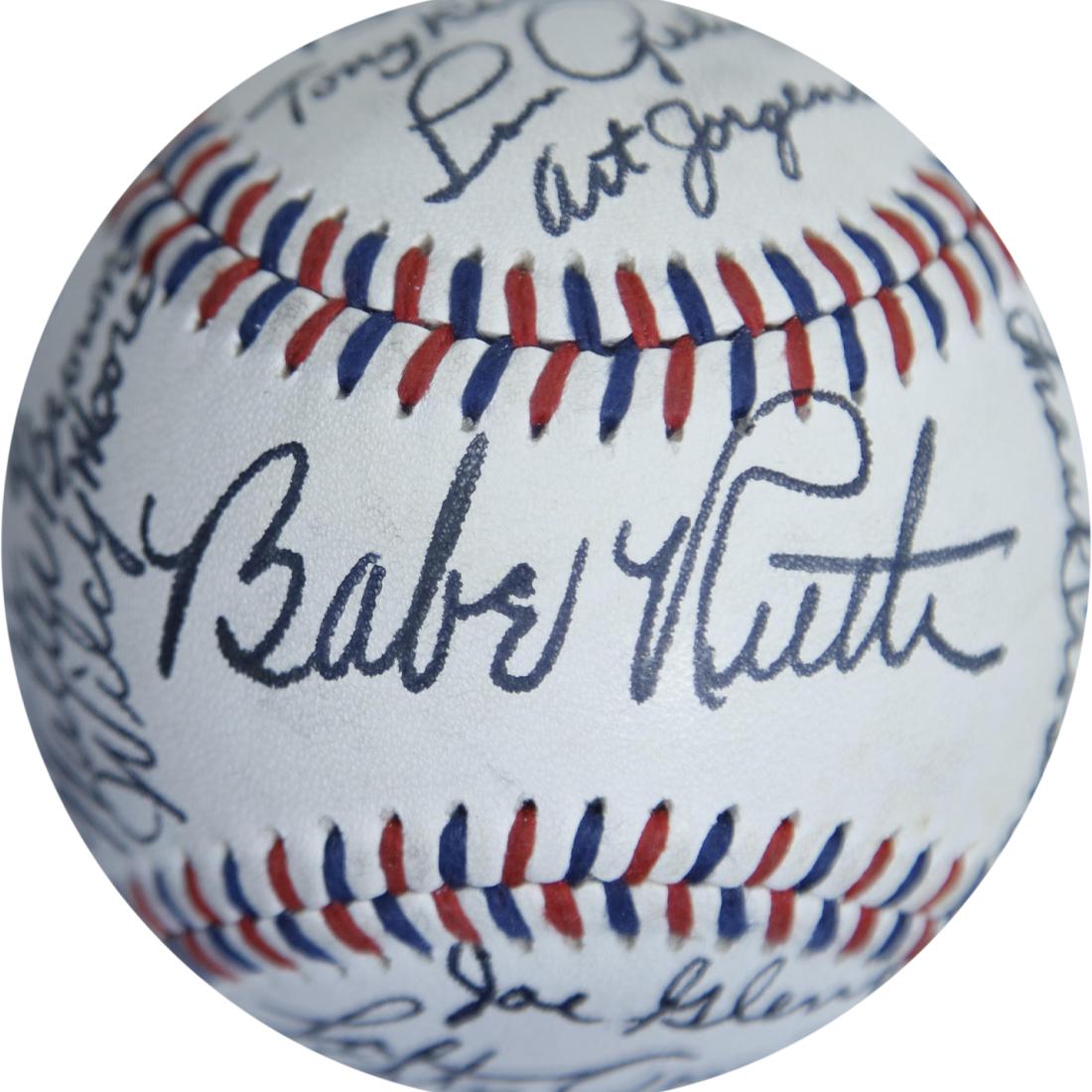 Ruth & Gehrig 1934 Yankees Team Signed Baseball: Babe Ruth (1895-1948) and Lou Gehrig (1903-1941) signed Unmarked Red Stitched baseball signed by two of the New York Yankees Bronx Bombers. Both signatures are crisp clear and boldy signed in black in