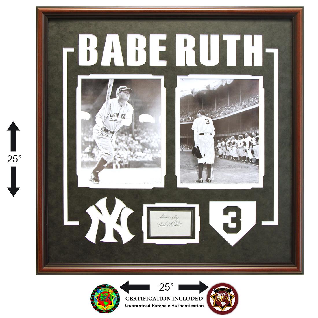 Babe Ruth Signed Cut: Babe Ruth (February 6, 1895–August 16, 1948) 2.75 x 4.5 Babe Ruth signed Cut. A very Bold signature across the cut, his black fountain pen ink is crisp and clear. Paper show signs of aging yet i