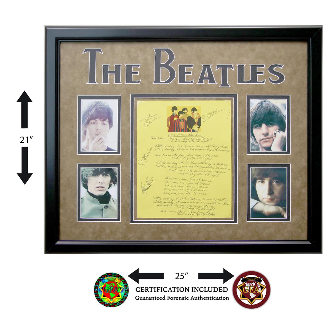 Beatles Signed Lyric Sheet "Here Comes the Sun" : The Beatles signed lyric sheet, “Here Comes the Sun.” Clear, Crisp signatures in blue ink. George Harrison wrote this in Eric Clapton's garden using one of Clapton's acoustic guitars. When