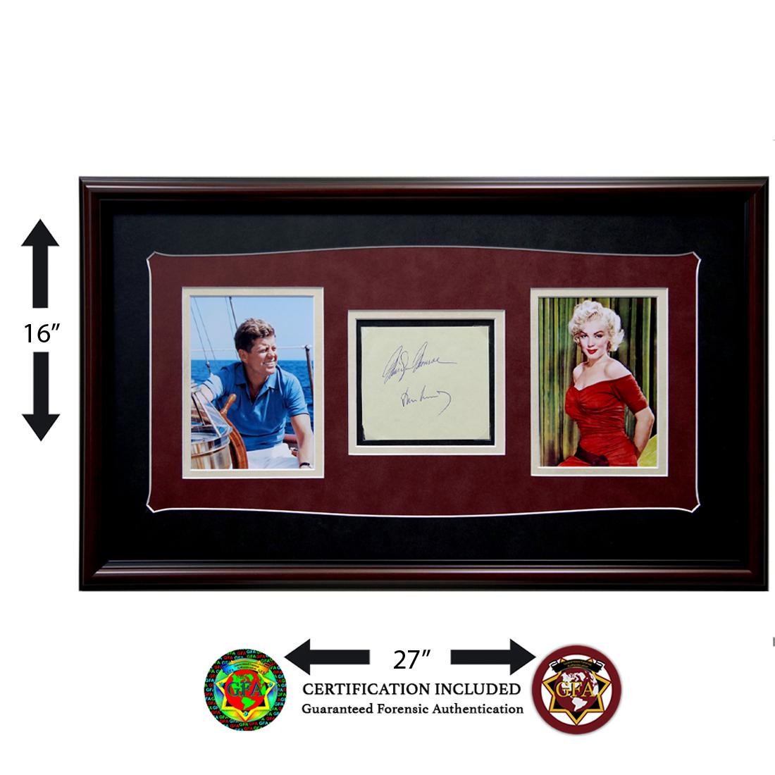 Marilyn Monroe & John Kennedy Signed Autograph: Marilyn Monroe (June 1, 1926 – August 4, 1962) and John Kennedy (May 29, 1917 - November 22, 1963) signed autograph page. Clear, crisp signatures by both in blue ink. On May 19, 1962, at a fundr