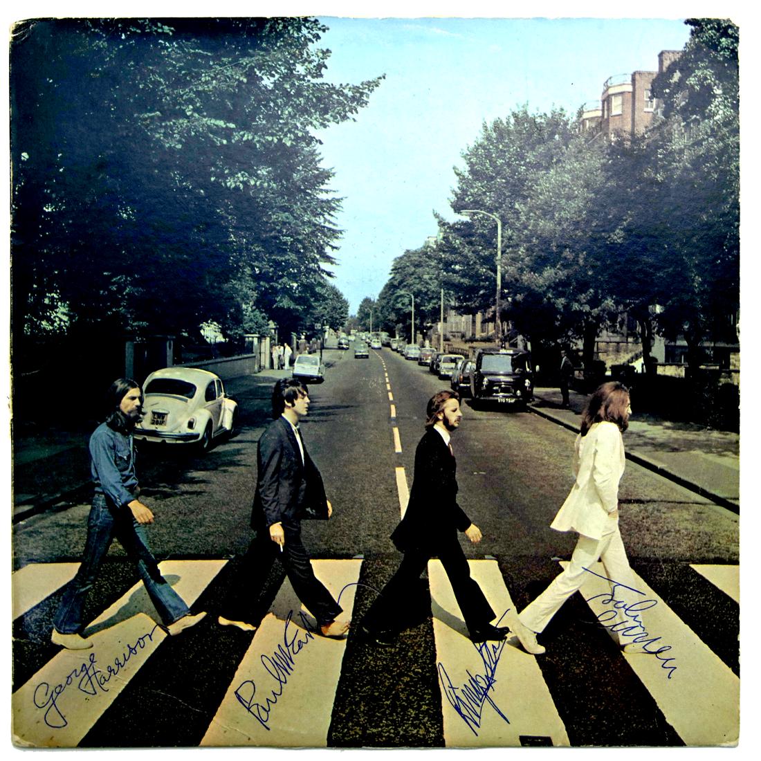 The Beatles Signed "Abbey Road" LP Cover: The Beatles (1960 - 1970). The Beatles, George Harrison, Paul McCartney, Ringo Starr and JohnLennon signed LP Cover â€œAbbey Road”. All Four Beatles signed in Blue Ball Point Pen and All fou