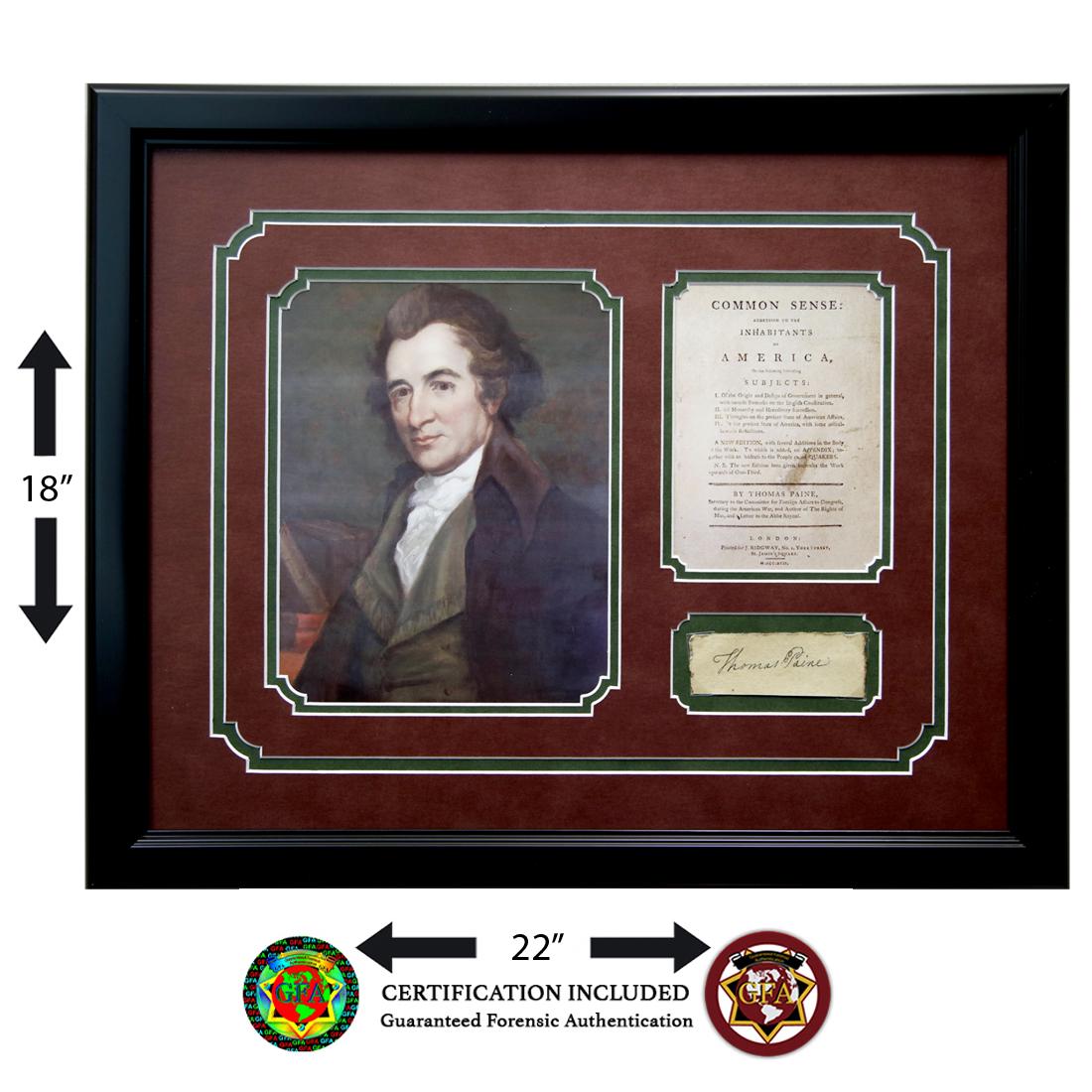 Thomas Paine Signed Cut: Thomas Paine (February 9, 1737 – June 8, 1809) signed 1.5 X 4.5 signed paper. The paper is signed in black iron based ink. Thomas Paine was an influential 18th-century writer of essays and pamph