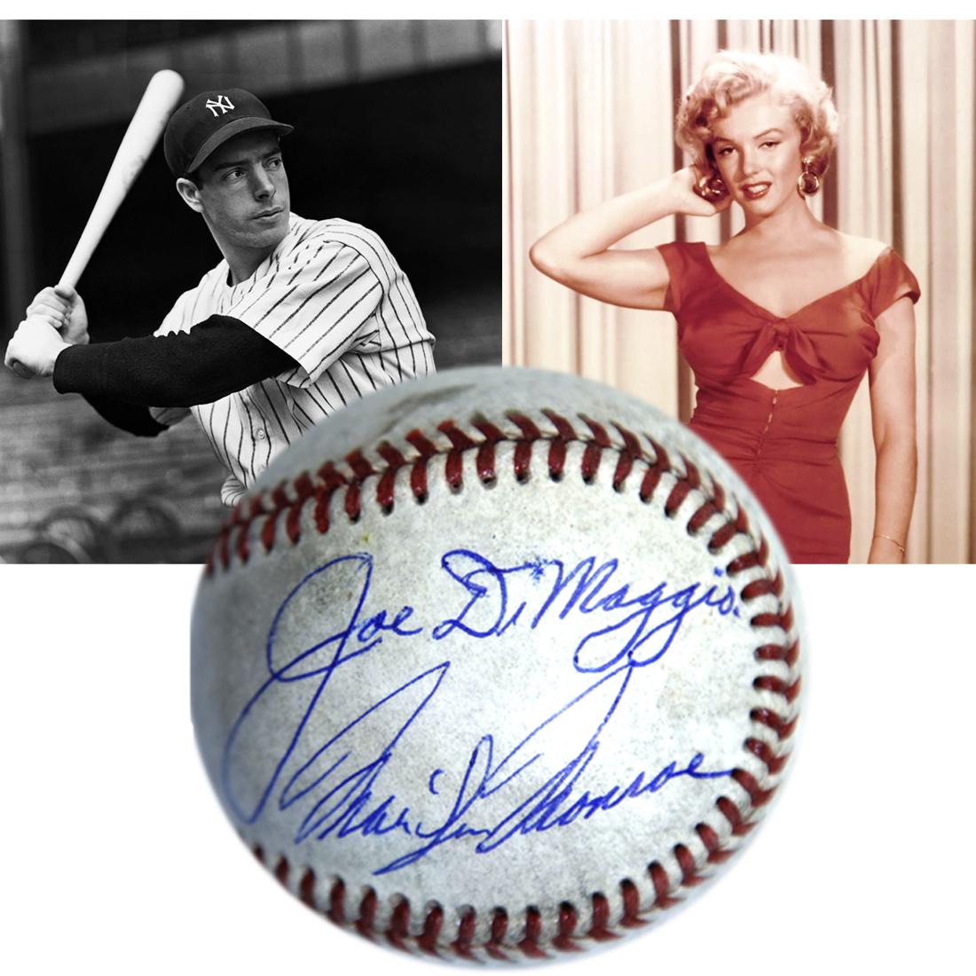 Joe DiMaggio & Marilyn Monroe Signed Baseball: Marilyn Monroe (June 1, 1926 – August 4, 1962) and Joe DiMaggio (November 25, 1914 – March 8, 1999). Clear, Crisp, Bold signatures of Joe DiMaggio andMarilyn Monroe on moderately toned unm