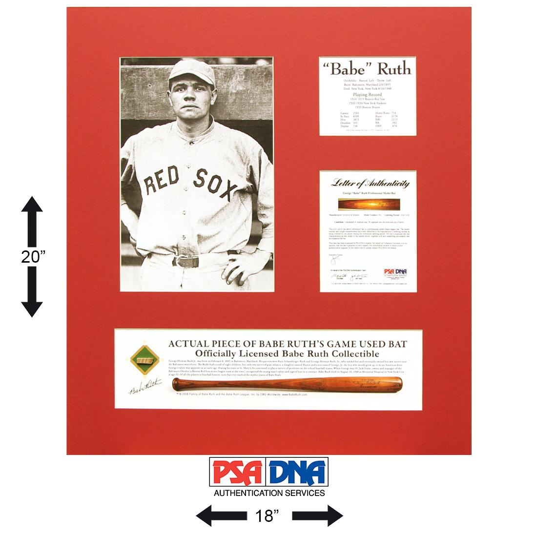 Babe Ruth Red Sox Game Used Bat Piece: Babe Ruth (February 6, 1895 – August 16, 1948). 1 x 1 Cut of an actual piece of Babe Ruth’s Game Used Bat. Matted and Framed with a 6 ½ x 10 Black and White Photograph of Babe Ruth in