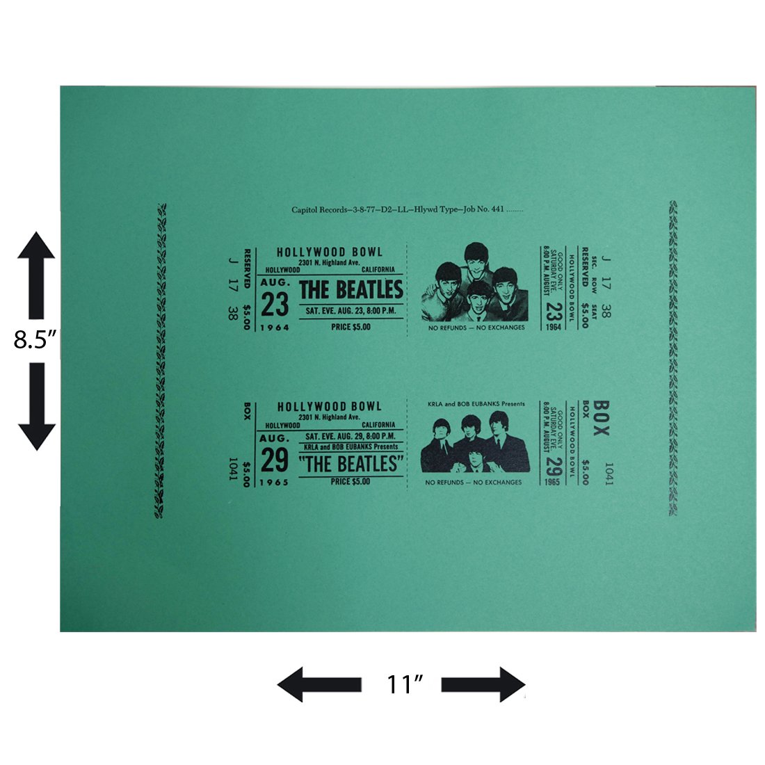 The Beatles "Live at the Hollywood Bowl" Tickets: This interesting piece of rock n' roll memorabilia is a mock concert ticket which was created by Capitol Records while designing the album cover for the 1977 The Beatles at the Hollywood Bowl album. C