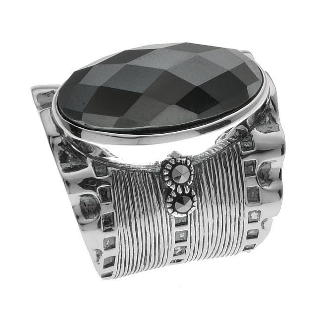 Sterling Silver Hematite & Marcasite Ring-SZ 7: Dazzling genuine checkerboard cut hematite in a lovely large (20x14mm) oval and faceted marcasite adorn this captivating ring from the Pangea Mines Stormy Night Collection. Beautifully crafted in oxid