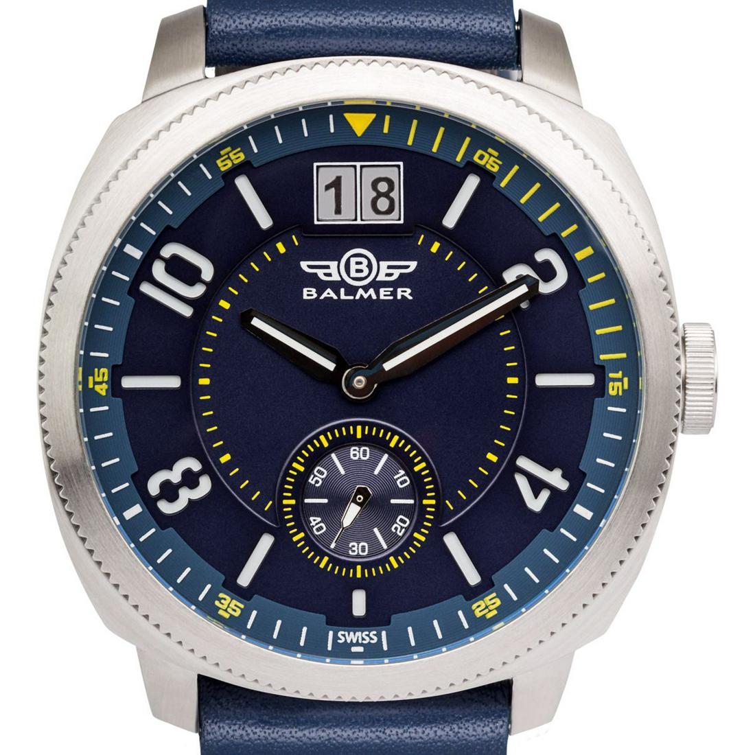 Balmer Swiss Made Stratos Mens Watch: Balmer Swiss Made Stratos Mens Watch - Blue Leather Strap, Silver Case, Blue/Yellow Dial •Multi Layer Large number Dial with Big Date at 12 O'Clock and Sub Dial at 6 O'Clock • 2 Hand Quart