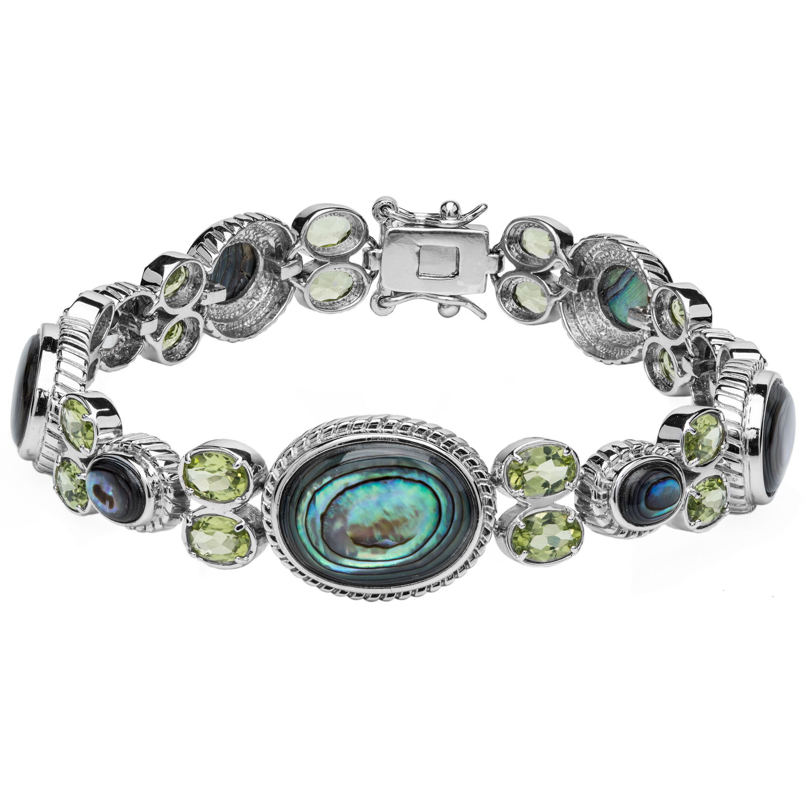 Sterling Silver Abalone & Peridot Bracelet 8.2": Pangea Mines Treasured Gems Collection Genuine sparkling peridot & abalone gemstones adorn this lovely design from the Pangea Mines Treasured Gems Collection. Crafted in gleaming rhodium over sterling