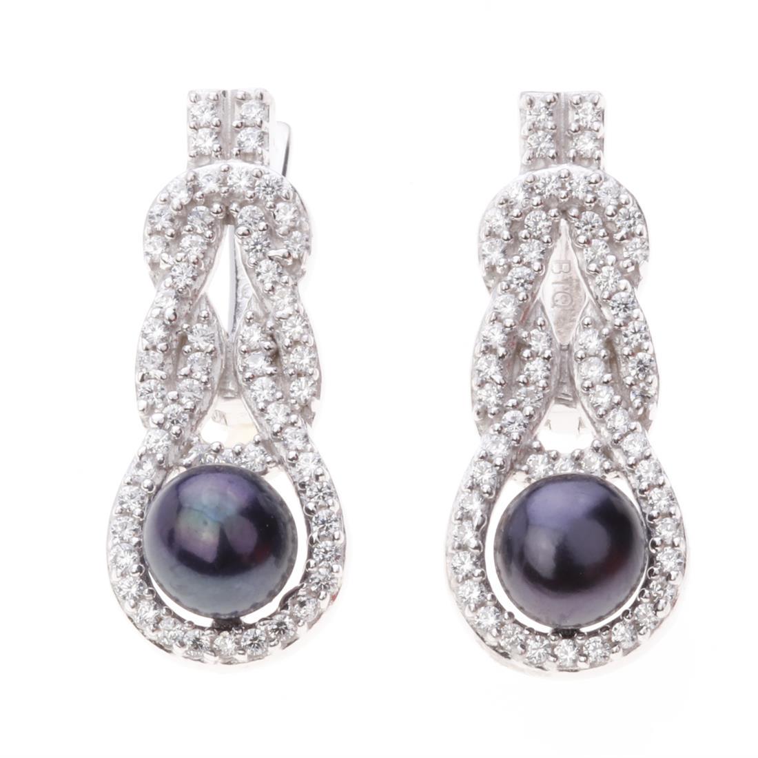 Peacock Pearl & Zircon Silver Knot Earrings: Peacock Pearl & Zircon Silver Knot Earrings .Metal: Sterling Silver .Stone: 6 Mm Peacock Pearl&White Zircon .Dimension: 24.8X10.25 Mm .Total Weight: 6.78 Grams .Finish: Rhodium .Backing: French Clip