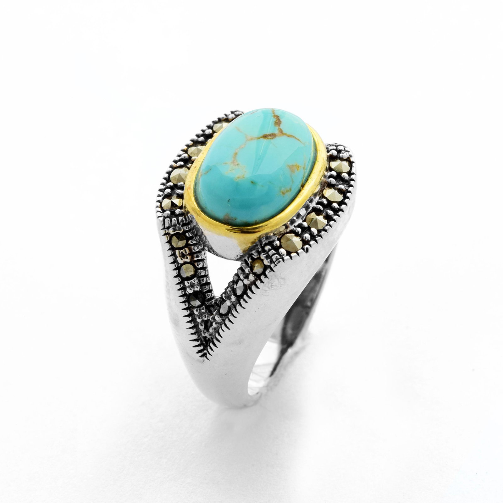Silver Turquoise & Marcasite East-West Ring-SZ 6: Metal: Rhodium over sterling silver with oxidized and 14K yellow gold pen plated accents Stone Information: Stabilized #8 Mine Turquoise: One oval 12 x 8mm cabochon Marcasite: 20 round point cut 1.25-