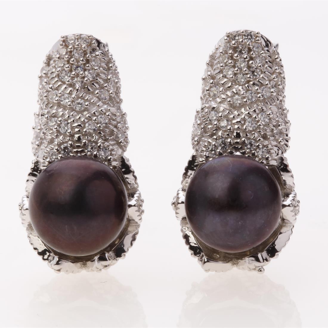 Peacock Pearl & Zircon Latchback Earrings: Peacock Pearl & Zircon Latchback Earrings .Metal: Sterling Silver .Stone: Peacock Pearl&White Zircon .Dimension: 22.8X11.7 Mm .Total Weight: 11.35 Grams .Finish: Rhodium .Backing: Latchback