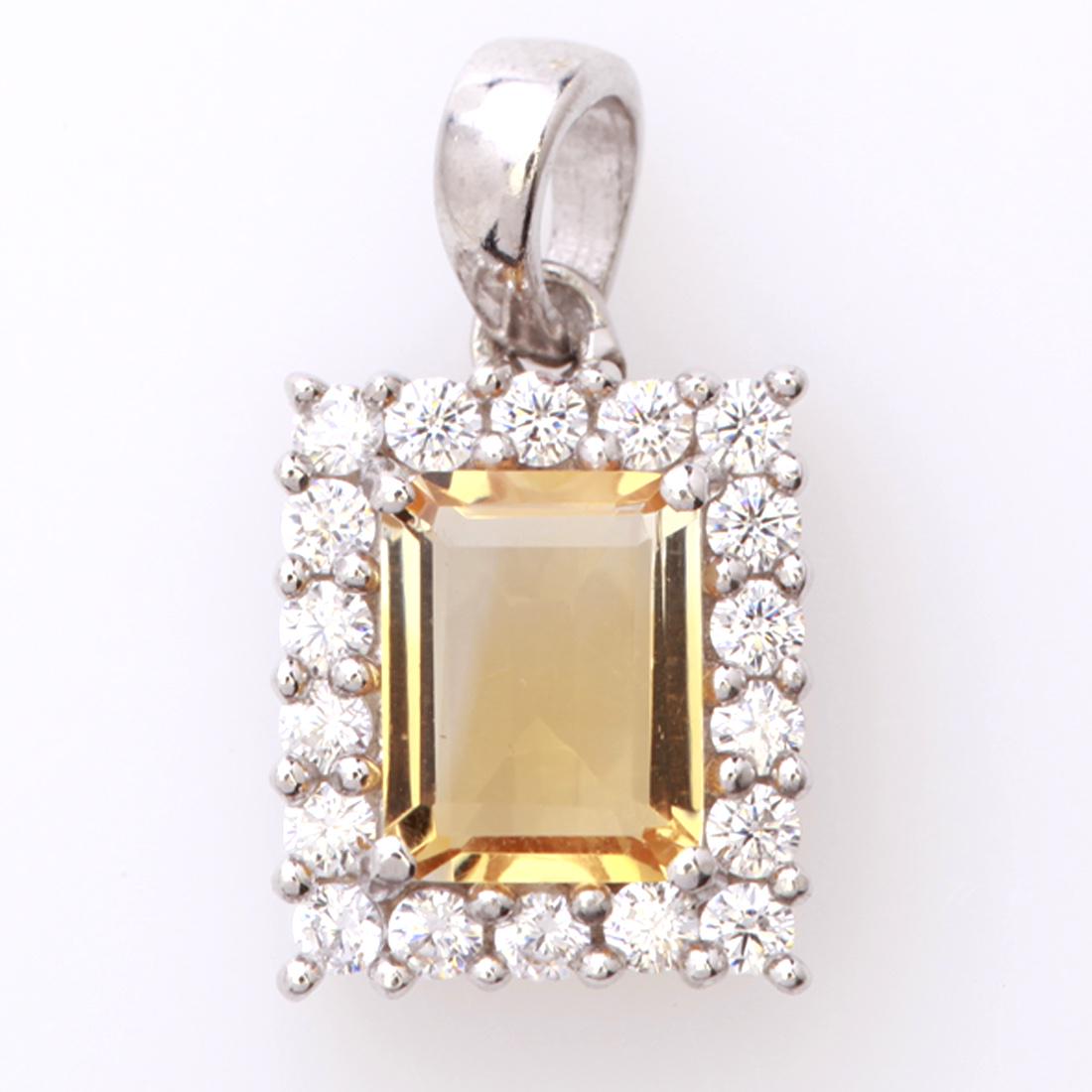 Emeral Cut Citrine Halo Sterling Silver Pendant: Emeral Cut Citrine Halo Sterling Silver Pendant • Metal: Sterling Silver • Stone: (1)9X7Mm-Citrine &White Zircon • Dimensions: 22.28X12.11 Mm • Total Weight: 3.26 Grs • F