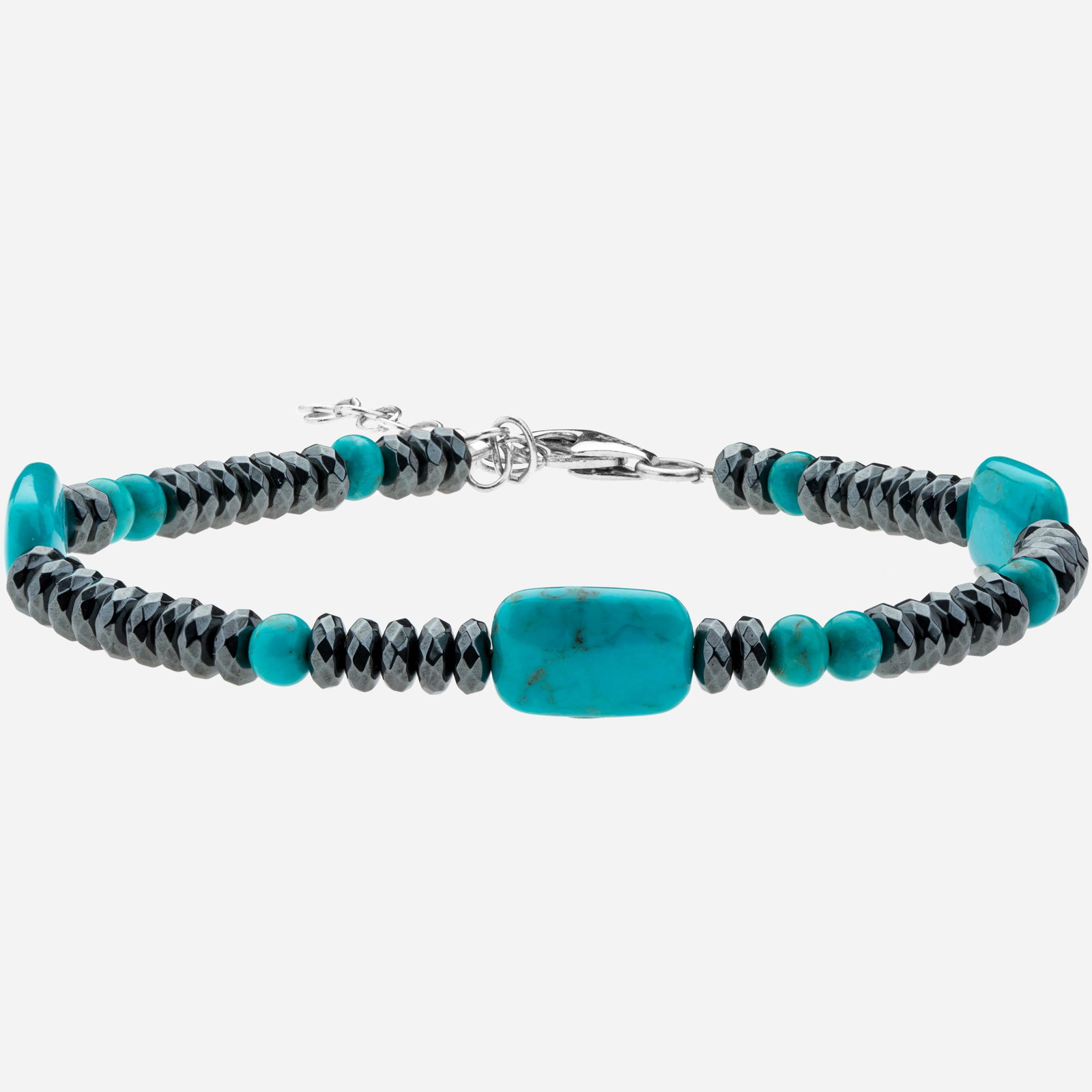 Sterling Silver Turquoise & Hematite Bracelet: Sterling Silver Turquoise & Hematite Bracelet • Metal: Sterling Silver • Stone: Turquoise,Hematite • Width: 8.3 mm • Length: 7.5+1" • Total Weight: 9.8 grams • Clos