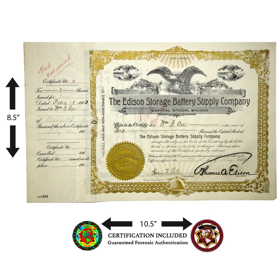 Thomas Edison Signed Stock Certificate Date 1913 (1 of 4)