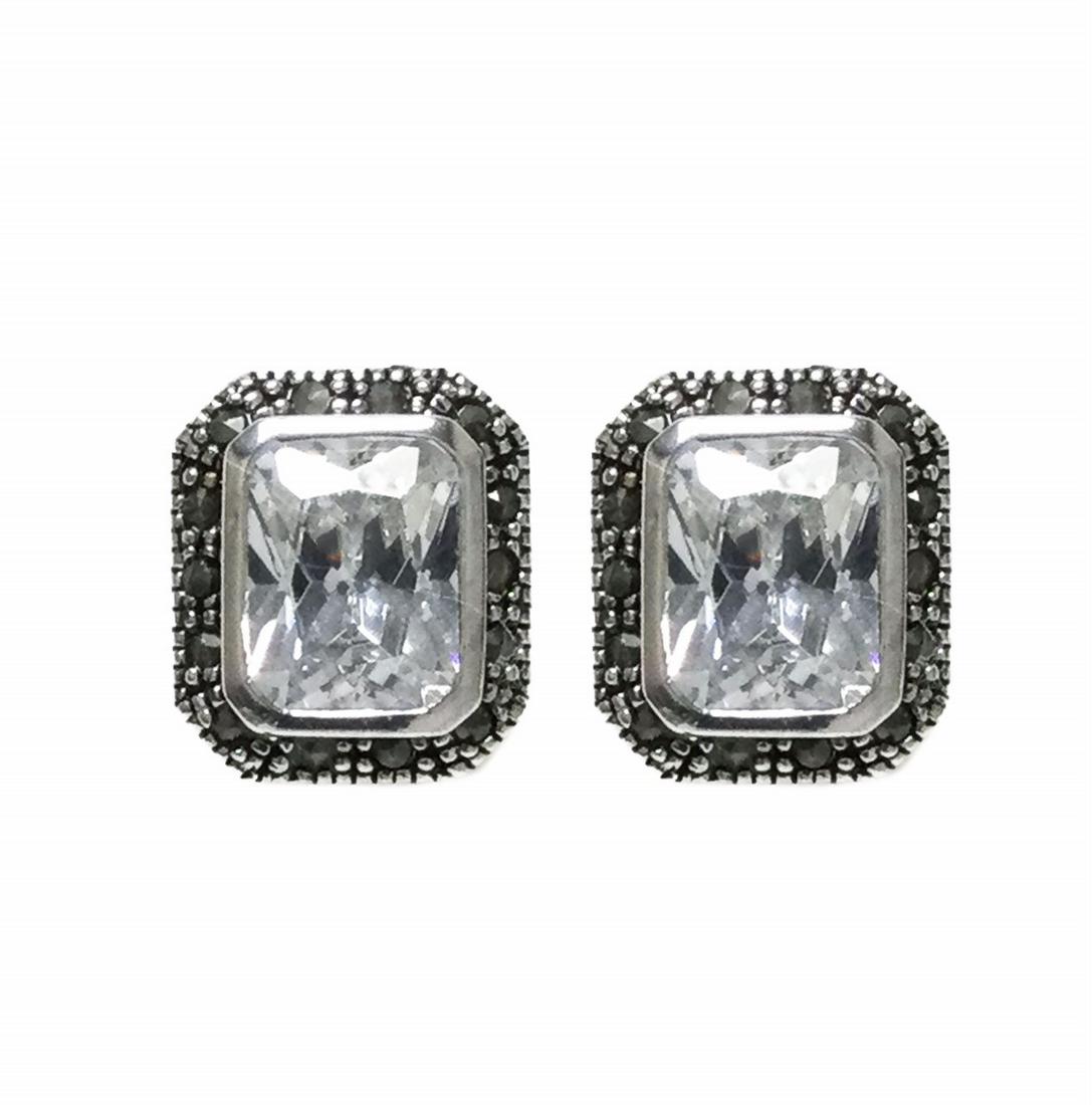 Radiant Cut Marcasite Sterling Silver Earrings: Radiant Cut Marcasite Sterling Silver Earrings • Metal: Sterling Silver • Stone: Marcasite & Cubic Zirconia • Dimension: 14X12.3 Mm • Total Weight: 6.7 Grams • Backing: B