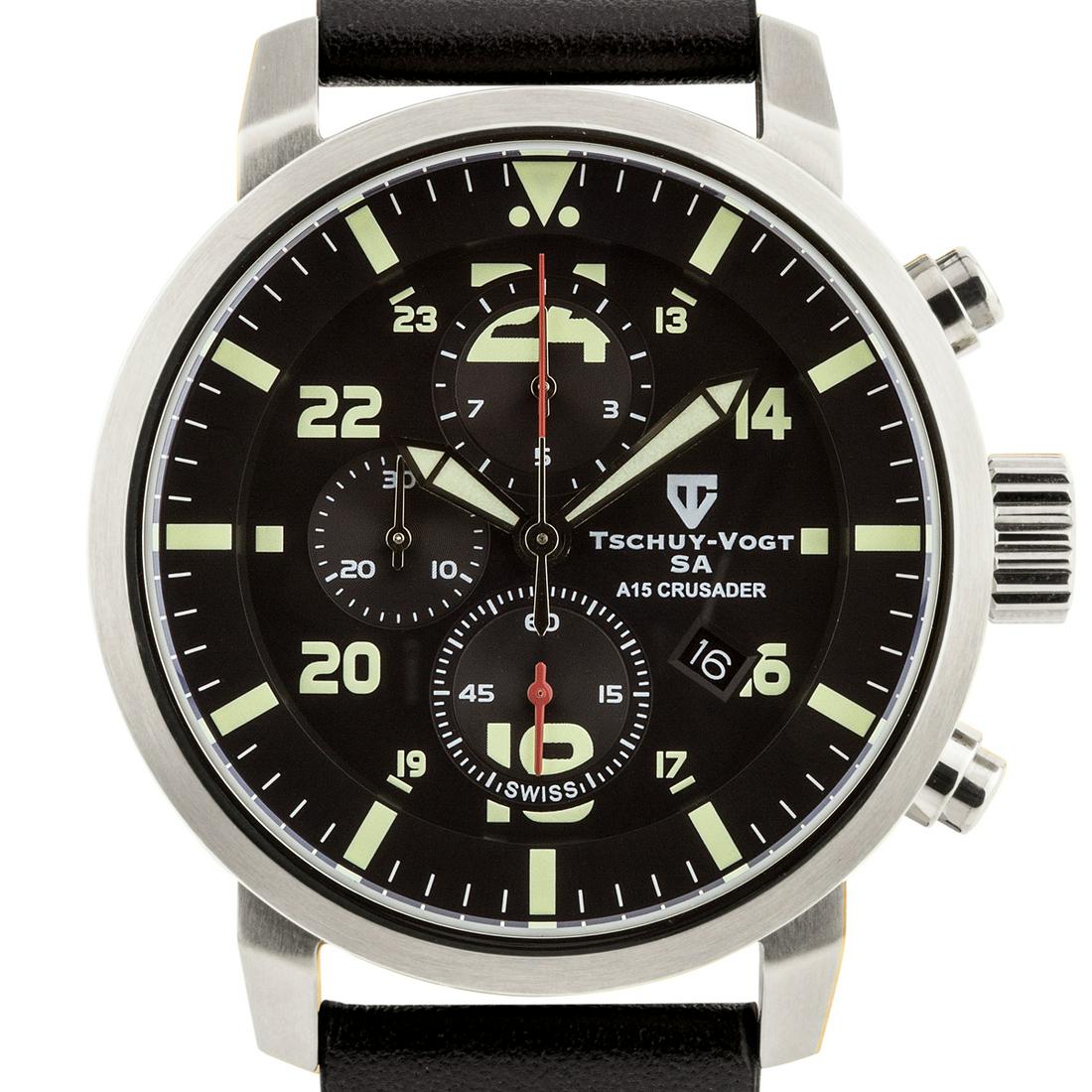 Tschuy-Vogt Crusader 46mm Case Swiss Chrono Watch: Matte Finished dial, Military time aribic number, Chornograph, calander day, Luminesent dial and markersStainless steel, screwdown, screw down, 10ATMGenuine leather Strap, stainless steel buckle, 22mm