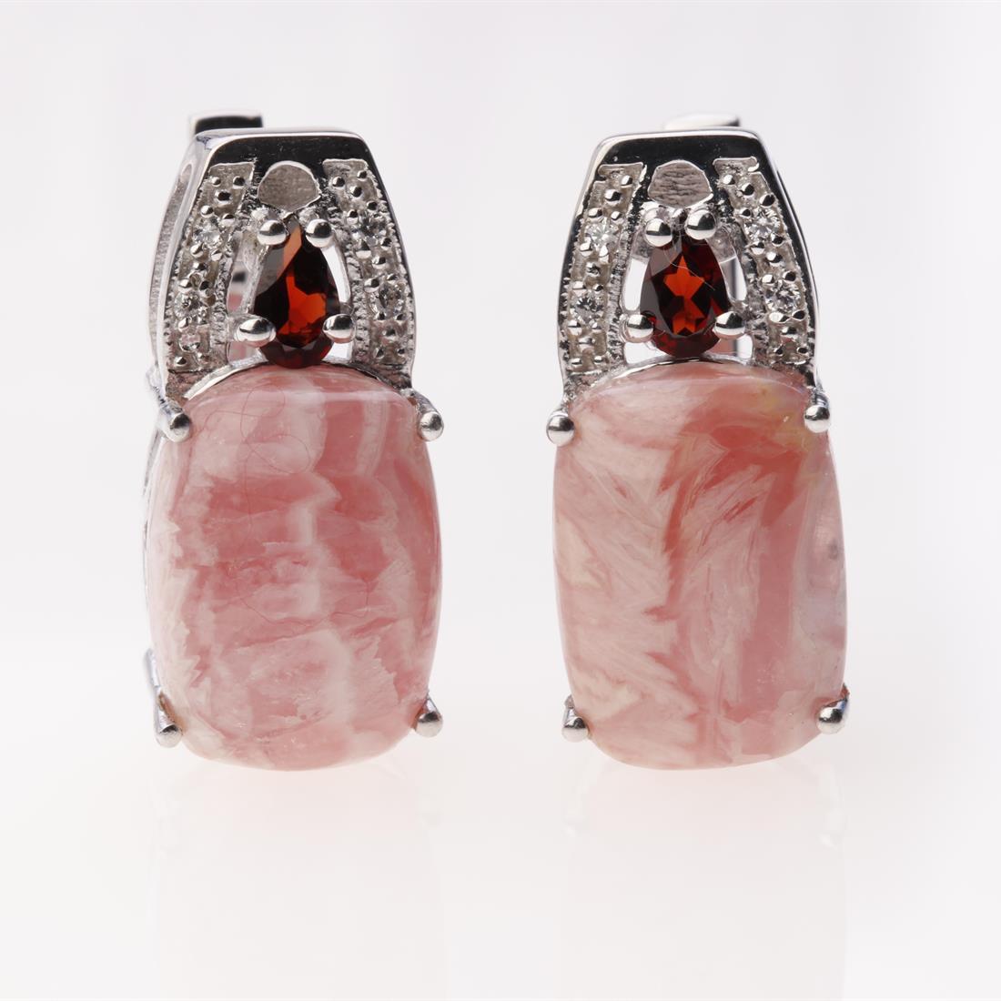 Rhodochrosite & Garnet Sterling Silver Earrings: Rhodochrosite & Garnet Sterling Silver Earrings .Metal: Sterling Silver .Stone: 14X10Mm Cushion Rhdochrosite & Garnet&White Zircon .Dimension: 21.8X10 Mm .Appx Weight: 8.97 Grams .Finish: Rhodium .Bac