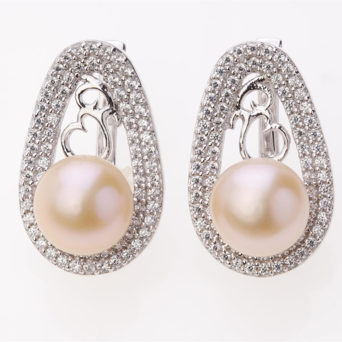 Ivory Pearl & Pave Zircon Sterling Slv Earrings: Ivory Pearl & Pave Zircon Sterling Slv Earrings .Metal: Sterling Silver .Stone: 10 Mm Rd Ivory Pearl&White Zircon .Dimension: 22.9X14.26 Mm .Total Weight: 9.33 Grams .Finish: Rhodium .Backing: French 
