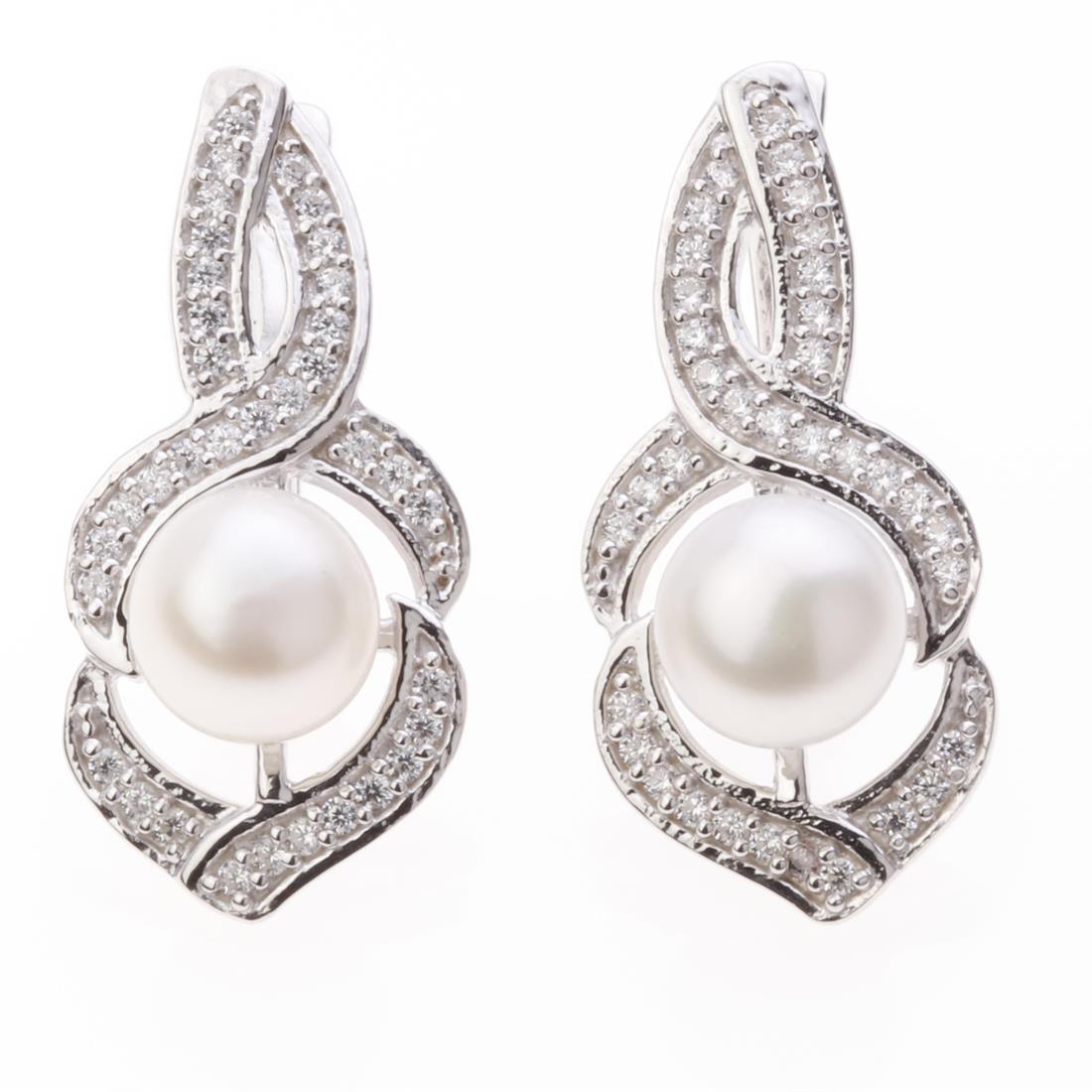 White Pearl & Zircon Latchback Earrings: White Pearl & Zircon Latchback Earrings .Metal: Sterling Silver .Stone: 8 Mm Rd White Pearl&Zircon .Dimension: 25.2X12Mm .Total Weight: 5.94 Grams .Finish: Rhodium .Backing: Latchback