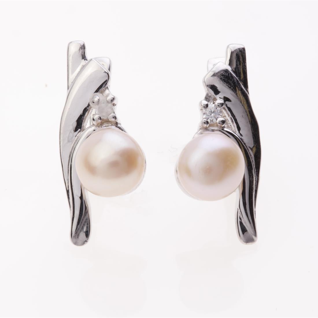 Sterling Silver Pearl & Zircon Earrings: Sterling Silver Pearl & Zircon Earrings .Metal: Sterling Silver .Stone: 7-8 Mm Rd Pearl&Zircon .Dimension: 21.2X9.4Mm .Total Weight: 5.04 Grams .Finish: Rhodium .Backing: French Clip