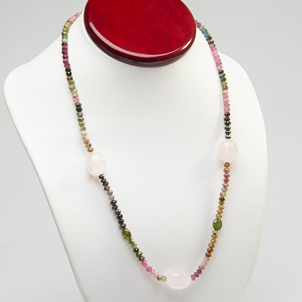 Sterling Silver Rose Quartz Tourmaline Necklace: Sterling Silver Rose Quartz Tourmaline Necklace • Metal: Sterling Silver • Stone: 17-19Mm Nugget Rose Quartz&Multi Tourmarine • Width: 14.5 Mm • Length: 31 Intches • Tota