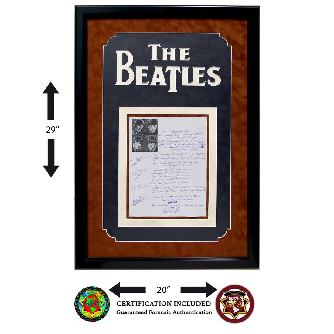 Beatles Signed Lyric Sheet "Here Comes the Sun": The Beatles (1960-1970) signed Lyric Sheet, “Here Comes the Sun” John Lennon, Paul McCartney, George Harrison and Ringo Starr signed in blue ink. While George Harrison had been contributin