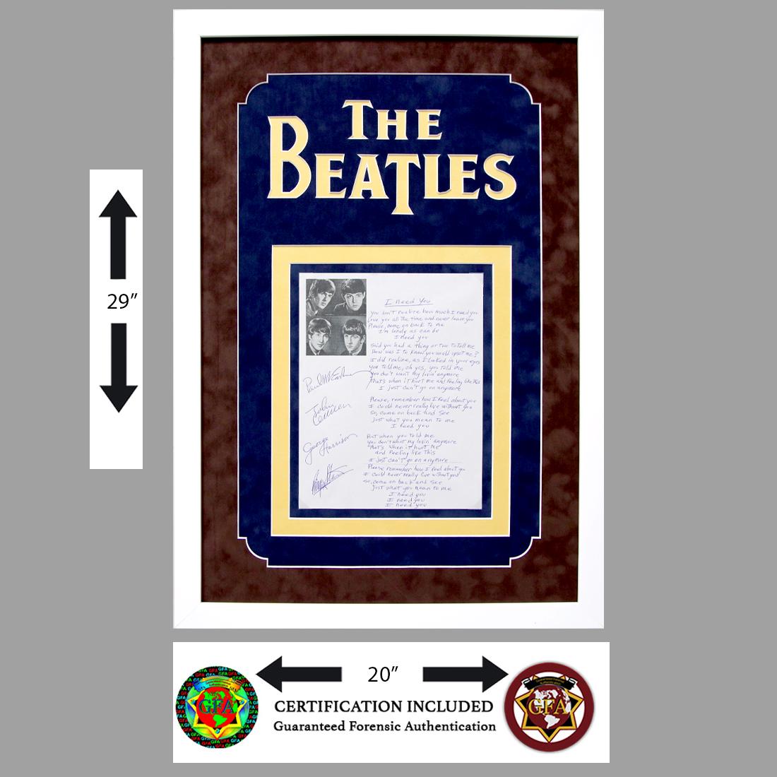 The Beatles Signed Lyric Sheet, "I Need You": The Beatles (1960-1970) signed lyric sheet, “I Need You.” John Lennon, Paul McCartney, George Harrison and Ringo Starr signed in blue ink, all four signatures are boldly signed and are as