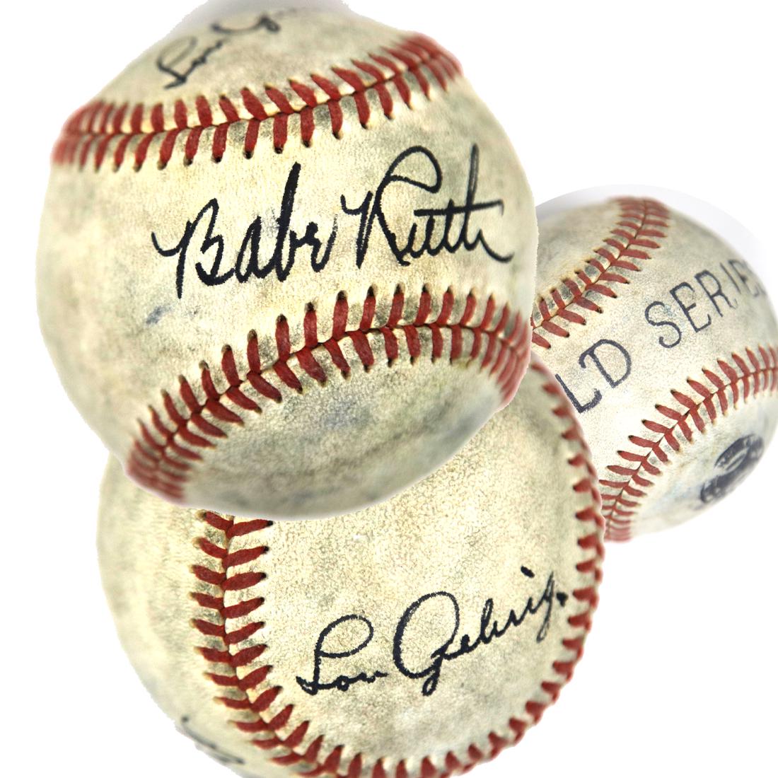 Babe Ruth & Lou Gehrig Signed World Series Ball: Babe Ruth (1895-1948) and Lou Gehrig (1903-1941). World Series baseball signed by two of the New York Yankees Bronx Bombers. Both signatures are boldly signed in black ink. Babe Ruth signed across the