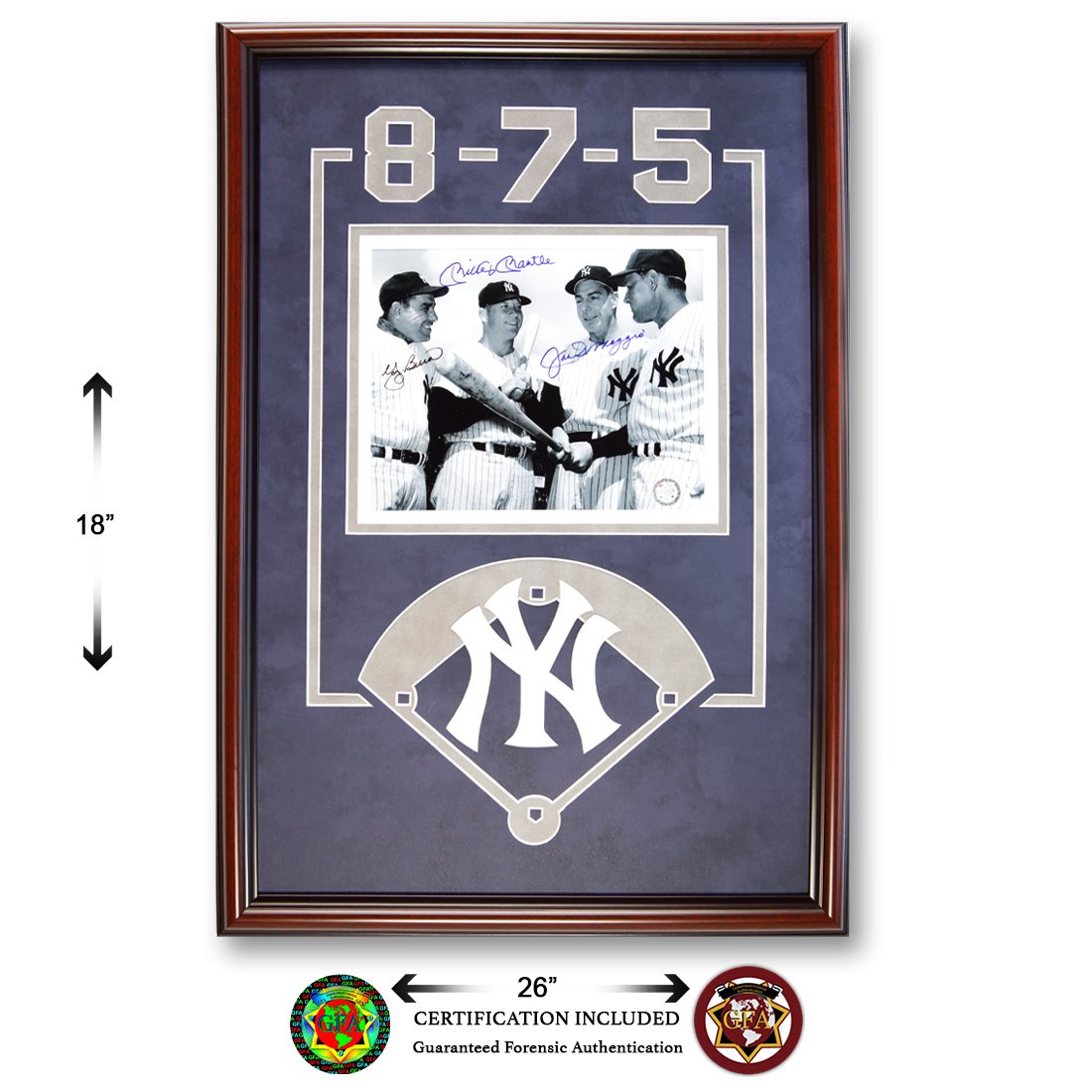 New York Yankees Hall Of Fame Legends Signed GFA: Joe DiMaggio (November 25, 1914 â€“ March 8, 1999), Mickey Mantle (October 20, 1931 â€“ August 13, 1995) and Yogi Berra (May 12, 1925 â€“ September 22, 2015) Boldly signed black and whi
