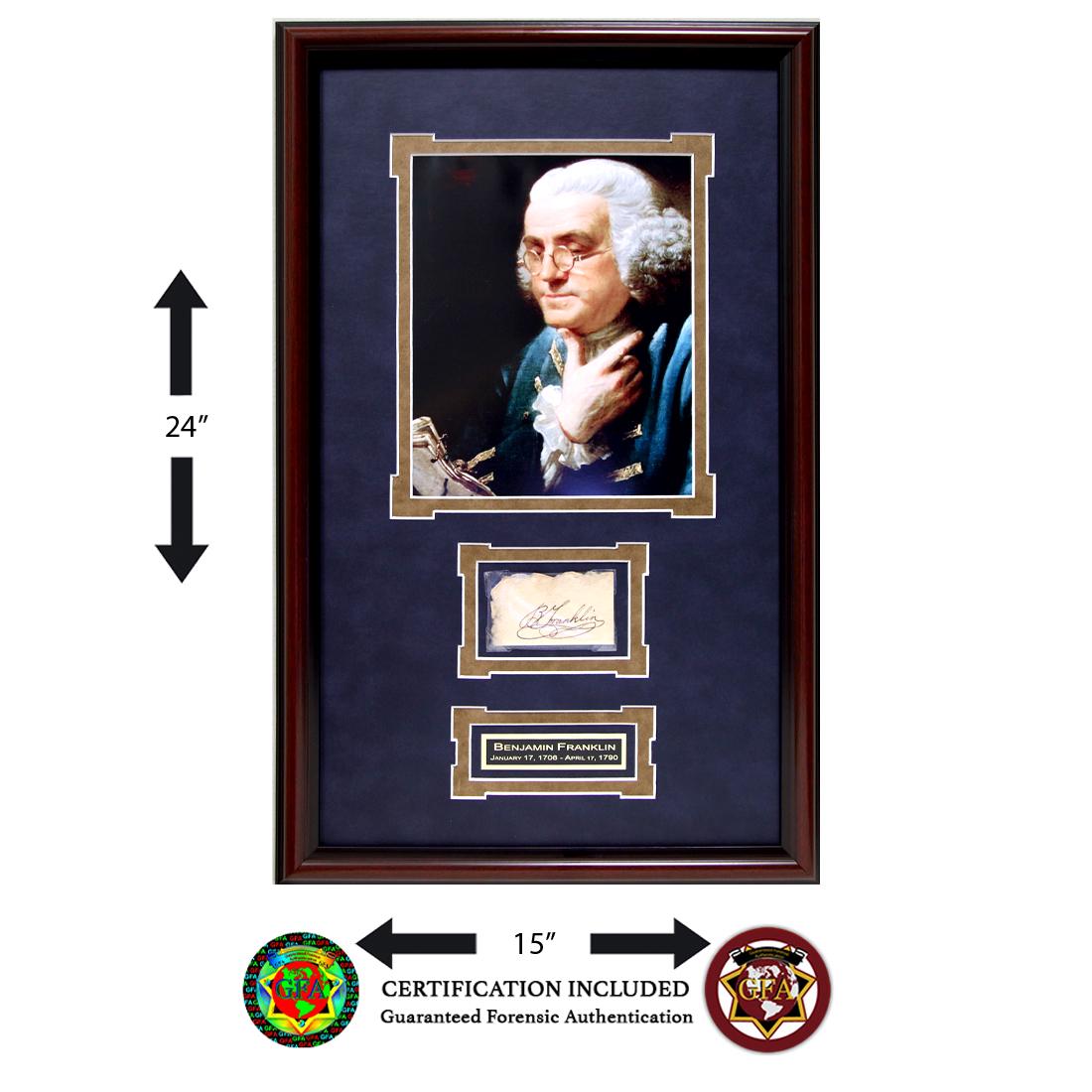 Benjamin Franklin Signed Cut: Ben Franklin (January 6, 1705–April 17, 1790). Signed 2 x 3.5 clipped signature. Boldly signed in black ink. Paper has some wrinkling and is toned due to age. One of the most legendary figures i
