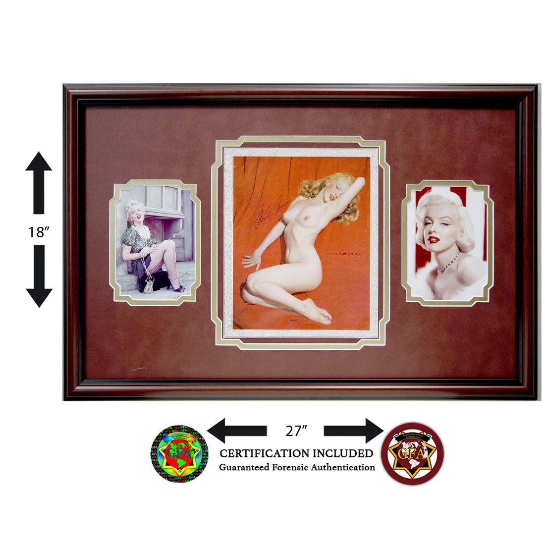 Custom Framed Marilyn Monroe Signed Golden Photo: Marilyn Monroe (June 1, 1926–August 4, 1962). Marilyn Monroe signed 8 x 10 Golden Dreams Calendar Photograph. Signed Boldy in black ink and inscribed, ‘Love and Kisses’. The Golden D