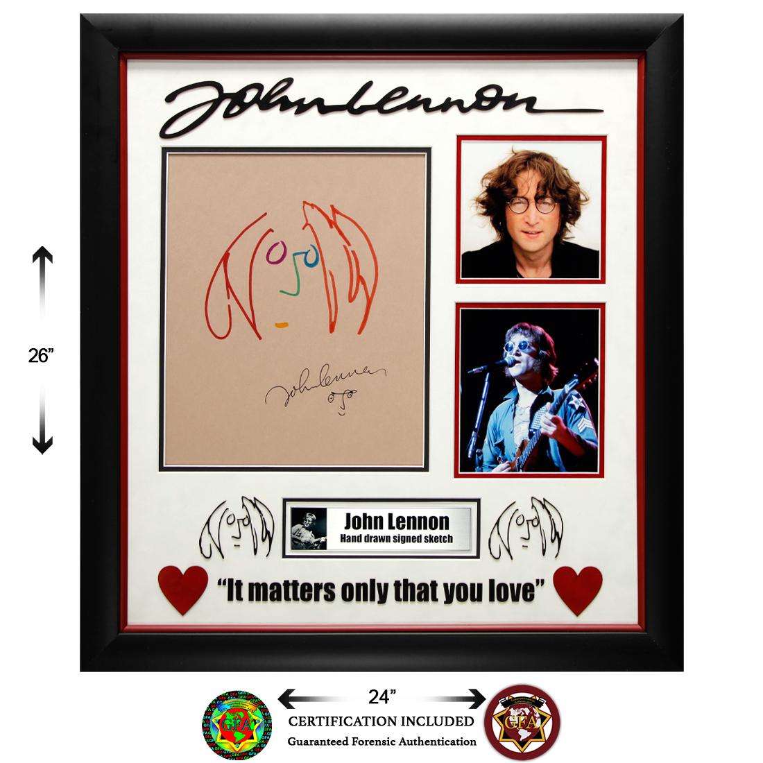 John Lennon Signed Imagine Self Portrait: John Lennon (October 9, 1940 to December 8, 1940). 10.5 X 12.5 John Lennon signed Imagine Self Portrait. Signed Boldly in Black Ink Below Sketch with Caricature. Colorful red, purple, green and blue c