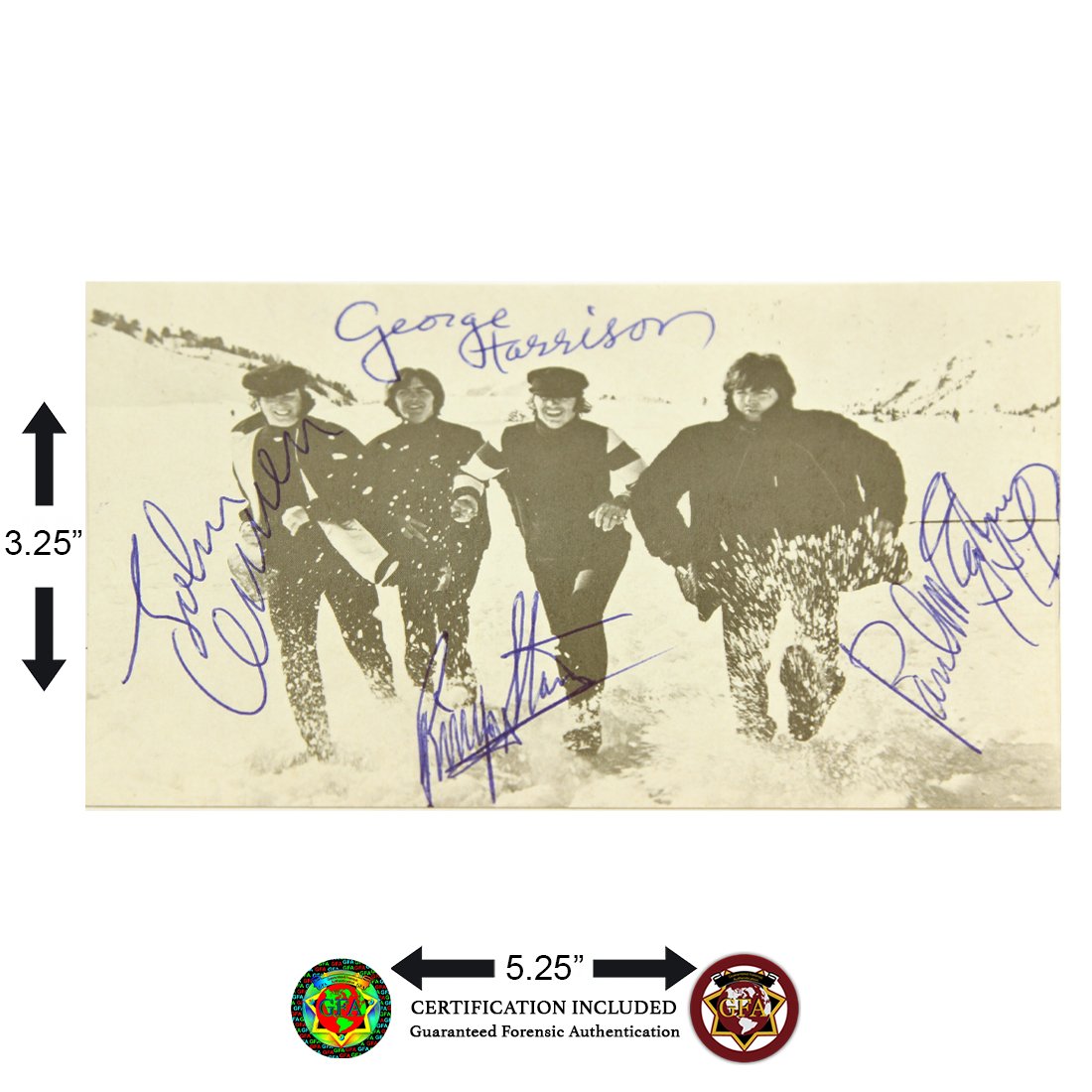 The Beatles Signed Photograph Postcard: The Beatles (1960-1970) signed 3..25 x 5..25 Black and White Photo Postcard of the Fab Four performing live. John Lennon, Paul McCartney, George Harrison and Ringo Starr each has boldly signed in blue