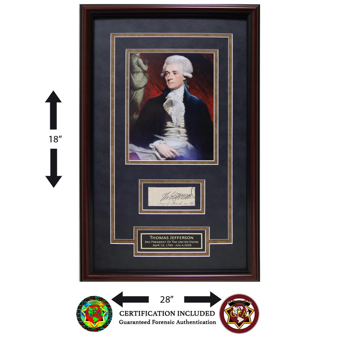 Custom Framed Thomas Jefferson Signed Cut: Thomas Jefferson (1743-1826) Clipped Signature. 2” x 4.75” cut slip of paper. Boldy signed in black ink. Paper shows evidence of aging with a yellowish-brown color along the edges. Clear b