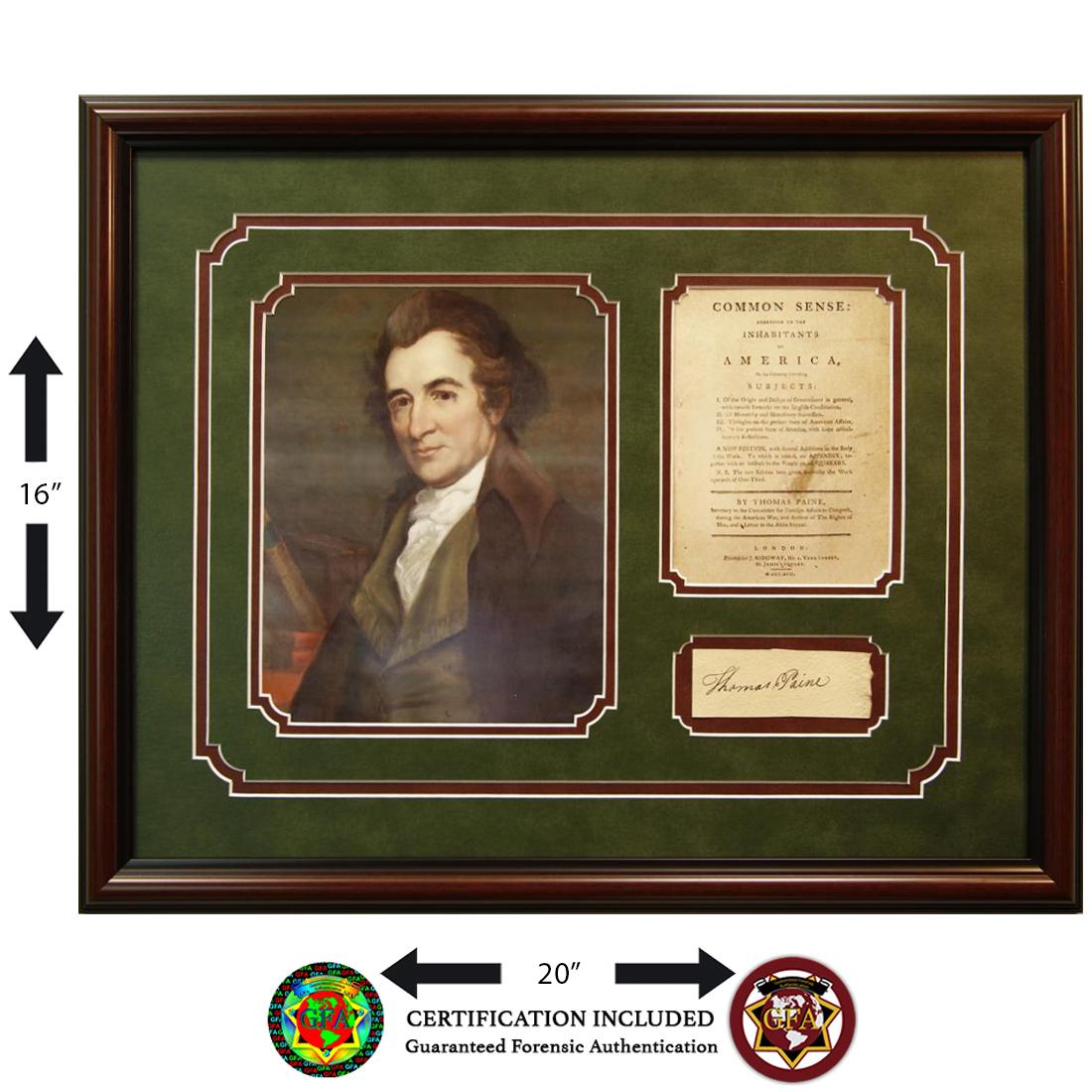 CUSTOM FRAMED THOMAS PAINE SIGNED CUT: Thomas Paine (February 9, 1737–June 8, 1809) signed 1.5 X 4.5cut paper. Thomas Paine signed in black ink. Thomas Paine was an influential 18th-centurywriter of essays and pamphlets. Among them w