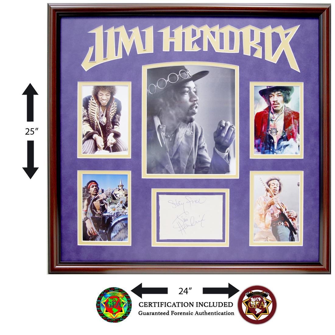 Custom Framed Jimi Hendrix Signed Autograph Page: Jimi Hendrix (November 27, 1942–September 18, 1970),4.5 X 5.5signedautograph page. Large Bold signature across the autograph page. Jimi Hendrix learned to play guitar as a teenager and grew up t