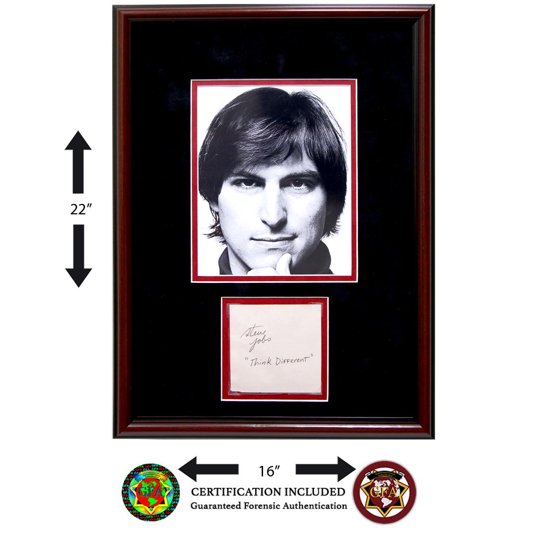 Steve Jobs Signed "Think Different" Autograph Quote: Steve Jobs (February 24, 1955â€“October 5, 2011). Steve Jobs signed4.5 x 5 Autograph Page. Large Bold signature of one of the worldâ€™s most creative powers. Steve Jobs was born in 1955 to t